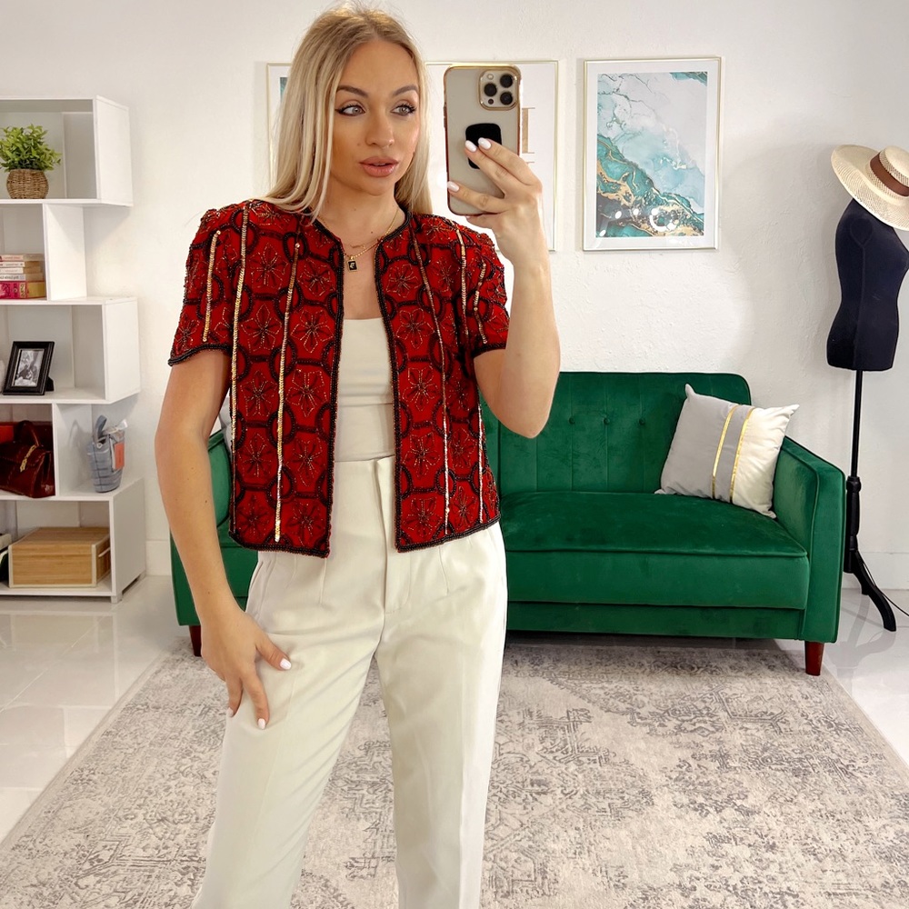 Papell Boutique Evening Red Sequined Jacket